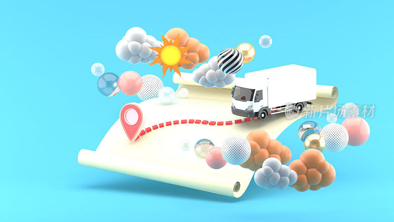 配送车在地图上的云团和彩色小球中间，蓝色的背景。3 d渲染。